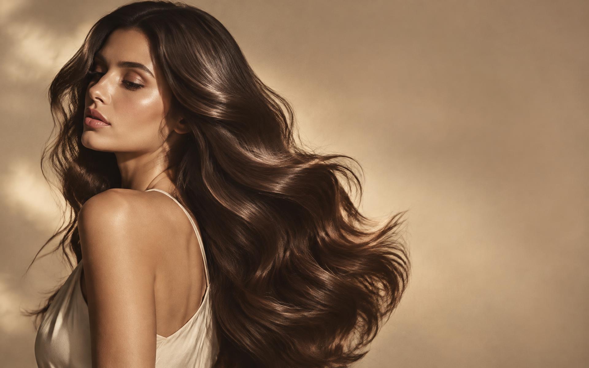 Model with long glossy waved hair